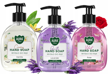 Sada 3x300 ml mydla na ruky AURA Care s dávkovačom Levanduľa Ruža Vanilka